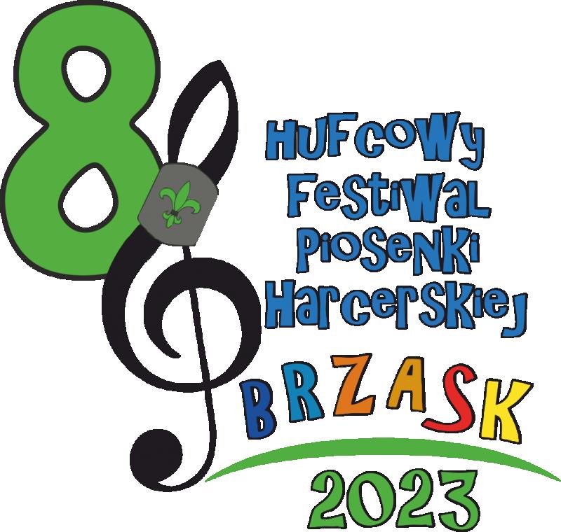 Logo festiwalu, duża zielona ósemka, czarna nuta oraz napis Hufcowy festiwal piosenki harcerskiej  Brzask 2023