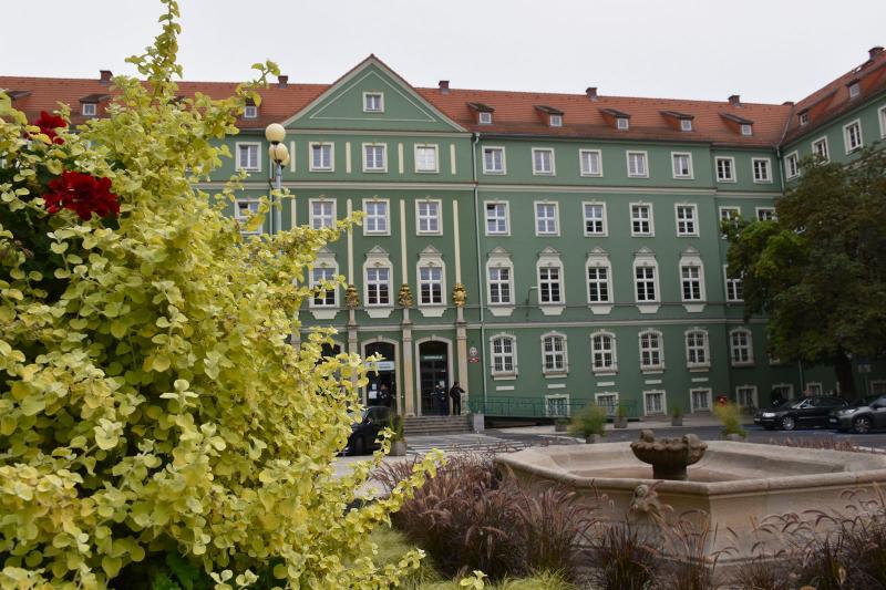 Widok budynku uzrędu miasta Szczecin. Na pierwszym planie zielony krzew oraz kamienna fontanna.