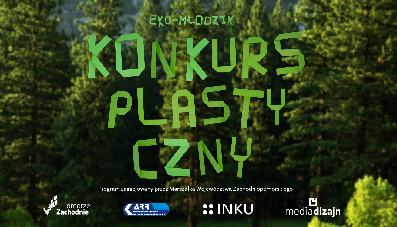Plakat konkursu - w tle korony drzew, na zielono napis Eko Młodzik, Konkurs Plastyczny, poniżej logotypy organizatorów i grantodawców
