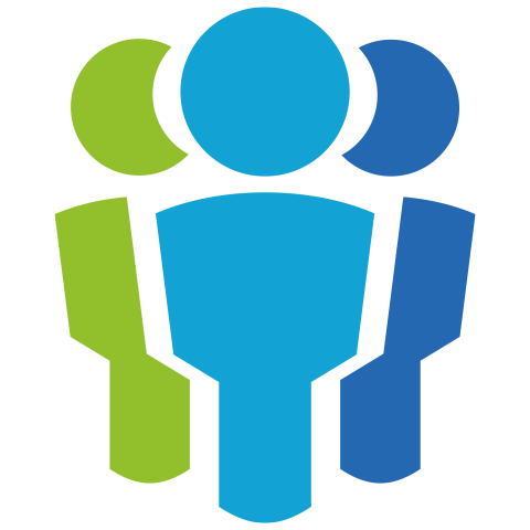 Logotyp programu mikrodotacje. Na białym tle trzy piktogramy człowieka w kolorach zielonym, niebieskim i granatowym. 