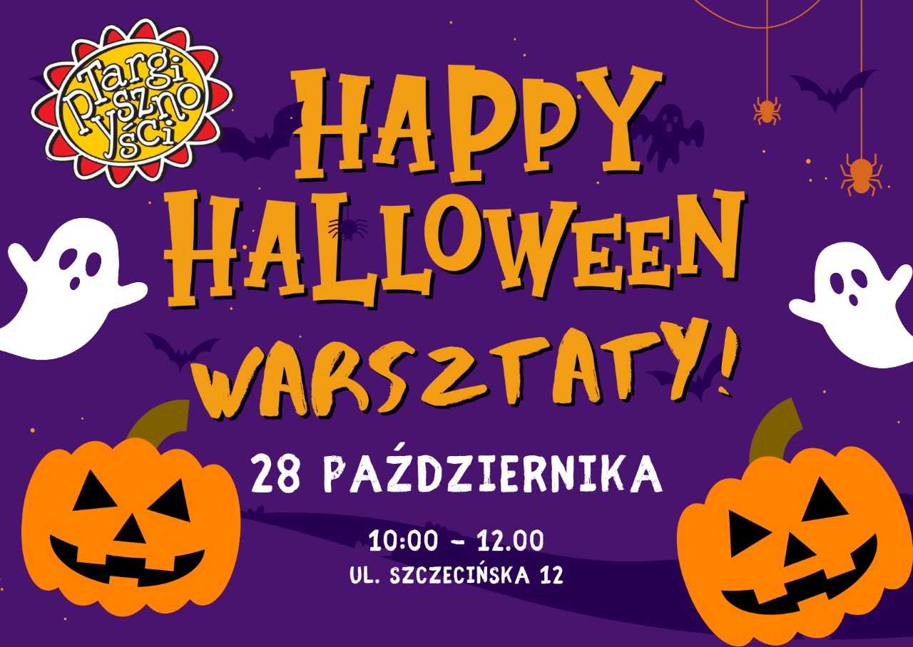 Plaka przedsięwzięcia - na fioletowym tle żółty napis Happy Halloween - warsztaty oraz data 28 październik 10.00-12.00 ul. szczecińska 12. Poza tym na plakacie dwa duszki oraz dwie halloweenowe dynie. 