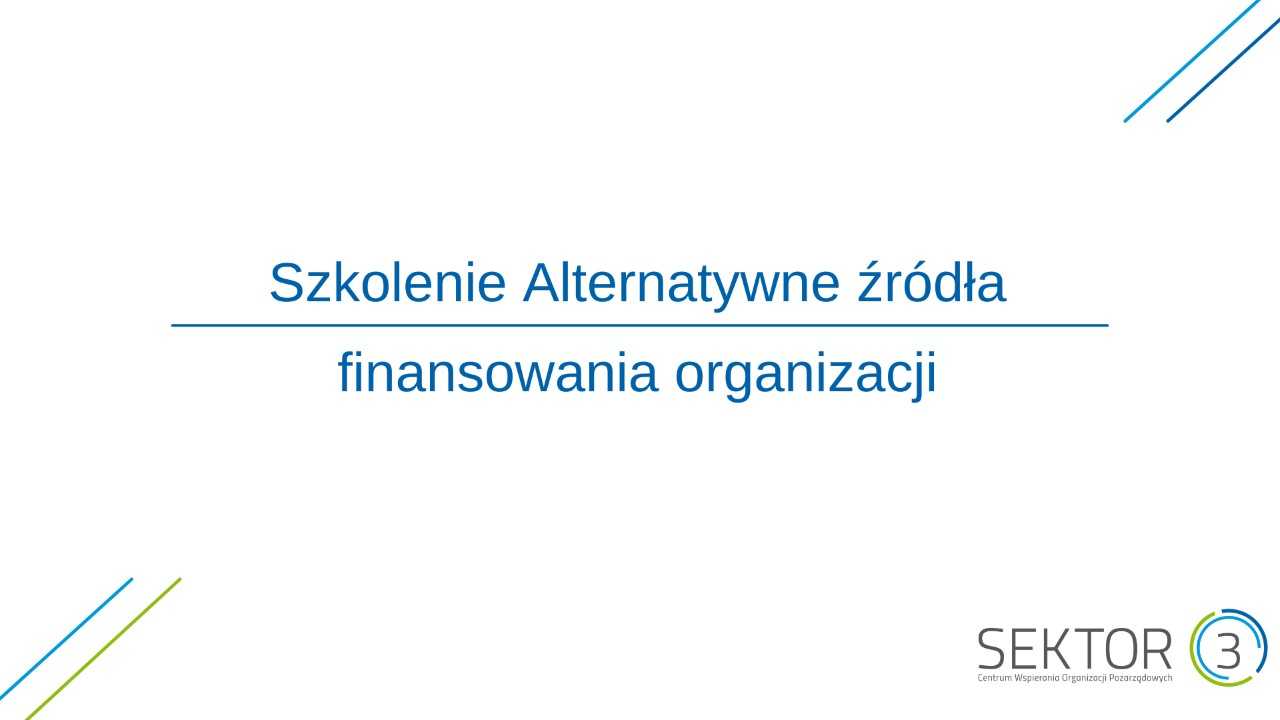 Plakat szkolenia - na białym tle napis Alternatywne źródła finansowania organizacji, w rogach wektory skierowane ukośnie do środka, w dolnej części logo fundacji Sektor 3